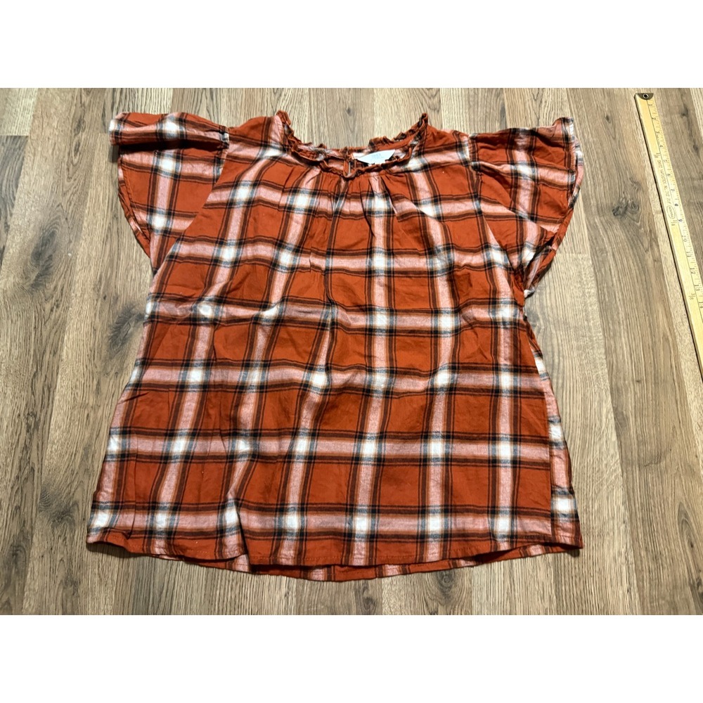 Time and Tru Shirt Womens Size L Rust Orange Plaid Flutter Sleeve Ruffle Neck
